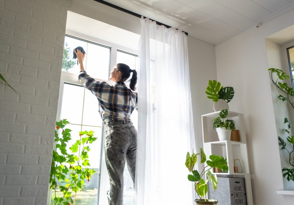 Woman manually washes the window of the house with a rag with spray cleaner and mop inside the interior with white curtains.
