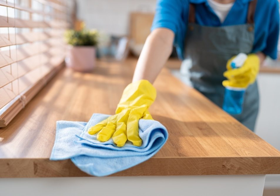 cleaning home and wiping with microfiber cloth in kitchen room at home